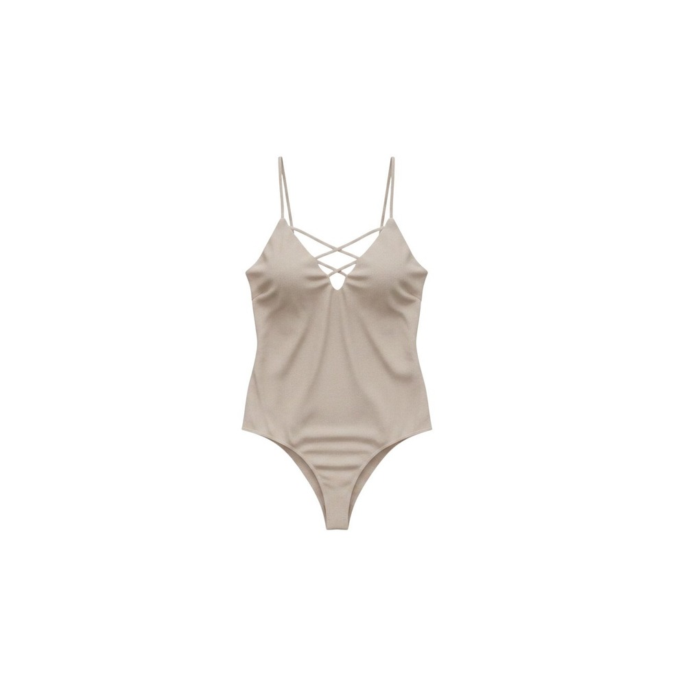Derek Heart Bodysuit Womens Medium Tan Ribbed Strappy V-Neck Sleeveless